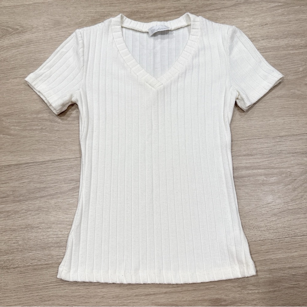 Reference White Ribbed V-Neck Women's Top